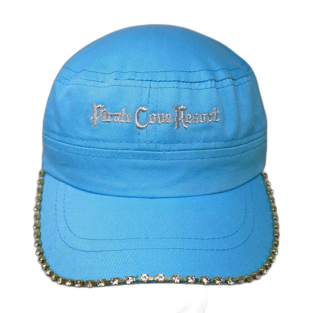 Crown Army Cap Hat Blue Silver Pirate Cove Resort Rhinestones OS Slideback